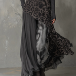 Grey Pit Stripe Leopard Print Splicing Irregular Hem Maxi Dress