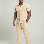 KZZ Men's Two-piece Suit Shirt and Elastic Waist Pants Set