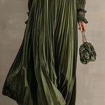Olive Green Pleated Maxi Dress With Floral Shoulder Detail