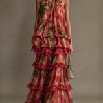 Floral Halter Neck Ruffle Top and Tiered Maxi Skirt Two-Piece Set with Burgundy Lace Trim