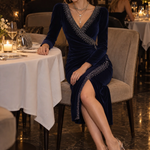 Navy Velvet Embellished Wrap Midi Dress