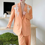 3D Lace Floral Embroidery Suit Jacket and Loose Casual Pants Two-piece Set
