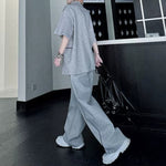 Stand-Collar Short-Sleeve Contrast Piping T-Shirt with & Zip-Front Wide-Leg Trousers Two-Piece Set