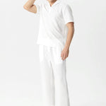 KZZ Summer Men's Textured Shirt and Tie Waist Suit Casual Suit