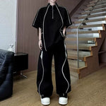 Stand-Collar Short-Sleeve Contrast Piping T-Shirt with & Zip-Front Wide-Leg Trousers Two-Piece Set