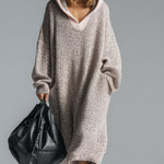 Fashion Loose Retro Trimmed Floral Gray Hooded Knitted Midi Dress