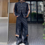 Denim Suit PU Splicing Jacket Two-Piece Set