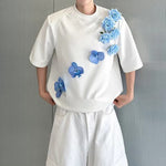 3D Blue Floral Applique Oversized T-Shirt