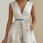 Spring New White Pleated Floral Chiffon V Neck Sleeveless A-Line Midi Dress