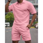 KZZ Men's Summer Solid-Color Stylish Casual Short-Sleeve Set