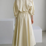 Elegant Pocket Button Lapel Collar Fold Solid Midi Dress