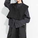 Women's Cropped V Neck Suit Vest Striped Lantern Sleeve Shirt Layered Two-piece Set