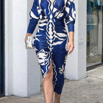 Unique Print Dolman Long Sleeve Ruched Slit Midi Dress