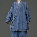 Women's Heavyweight Loose Cross Front Denim Kimono Cardigan Lantern Pants Two-piece Set