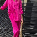 Casual Solid Color V-Neck Shirt & Pants Cotton Linen Two-Piece Set