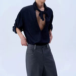 Deep V Neck Oversized Draped Tie Neck Shirt