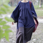 Loose Pleated Lantern Sleeve Color-block Dress