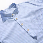 Blue White Striped Band Collar Casual Popover Shirt