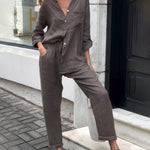 Casual Solid Color V-Neck Shirt & Pants Cotton Linen Two-Piece Set