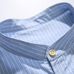 Blue White Striped Band Collar Casual Popover Shirt