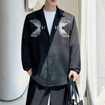 Black Shirt with Eagle Wings Print and Elastic Cuffs