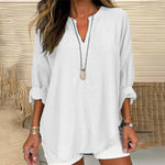 Solid Color V-Neck Long Sleeved Loose Casual Blouse