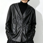 Japanese Loose Pleated V Neck PU Leather Jacket