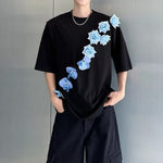 3D Blue Floral Applique Oversized T-Shirt