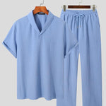 KZZ Summer Men's Textured Shirt and Tie Waist Suit Casual Suit