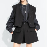 Women's Cropped V Neck Suit Vest Striped Lantern Sleeve Shirt Layered Two-piece Set