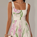 White Pleated Floral Chiffon Square Neck Sleeveless A-Line Maxi Dress
