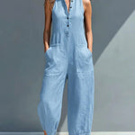 Black Minimalist Faux Linen Button-down Collar Sleeveless Loose-fitting Jumpsuit