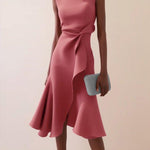 Red Sleeveless Midi Elegant A-line Dress with Waist Twist for Day-to-Night