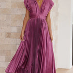 Elegant Satin Pleated V-neck Flowing Midi Dress