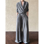 Irregular One-shoulder Waisted Pleated Top Wide-leg Pants Two-piece Set