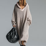 Fashion Loose Retro Trimmed Floral Gray Hooded Knitted Midi Dress