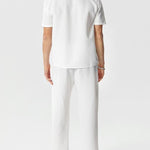 KZZ Summer Men's Textured Shirt and Tie Waist Suit Casual Suit
