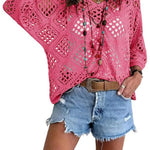 Bohemian V-neck Diamond-patterned Openwork Batwing Sleeve Knit Top