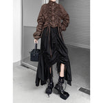 Women's Drawstring Ruched Stand Collar Top Irregular Fringe Skirt Two-piece Set