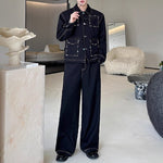 Handmade Gemstone Embellished Lapel Jacket and Wide-Leg Pants Two-Piece Set