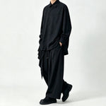 Japanese Draped Asymmetric Hem Long Sleeve Shirt Wide-leg Pants Two-piece Set