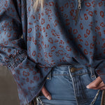 Western-style Casual Leopard Print Blue Faux Suede Shirt