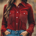 Outdoor Western Cowboy Red Suede Lapel Tassel Long Sleeve Shirt