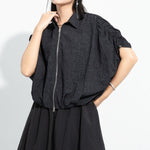 Women Pleated Textured Zip-up Collar Shirt