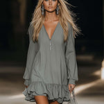 Casual Loose Fashion Zipper V-neck Long Sleeve Lotus Leaf Hem Gray Mini Dress
