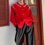 Red Retro Beaded Knit Cardigan