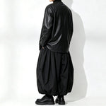 Japanese Loose Pleated V Neck PU Leather Jacket