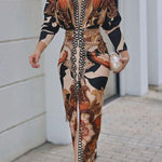 Unique Print Dolman Long Sleeve Ruched Slit Midi Dress