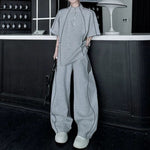 Stand-Collar Short-Sleeve Contrast Piping T-Shirt with & Zip-Front Wide-Leg Trousers Two-Piece Set
