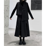 Irregular Pleated Topstitched A-Line Midi Skirt